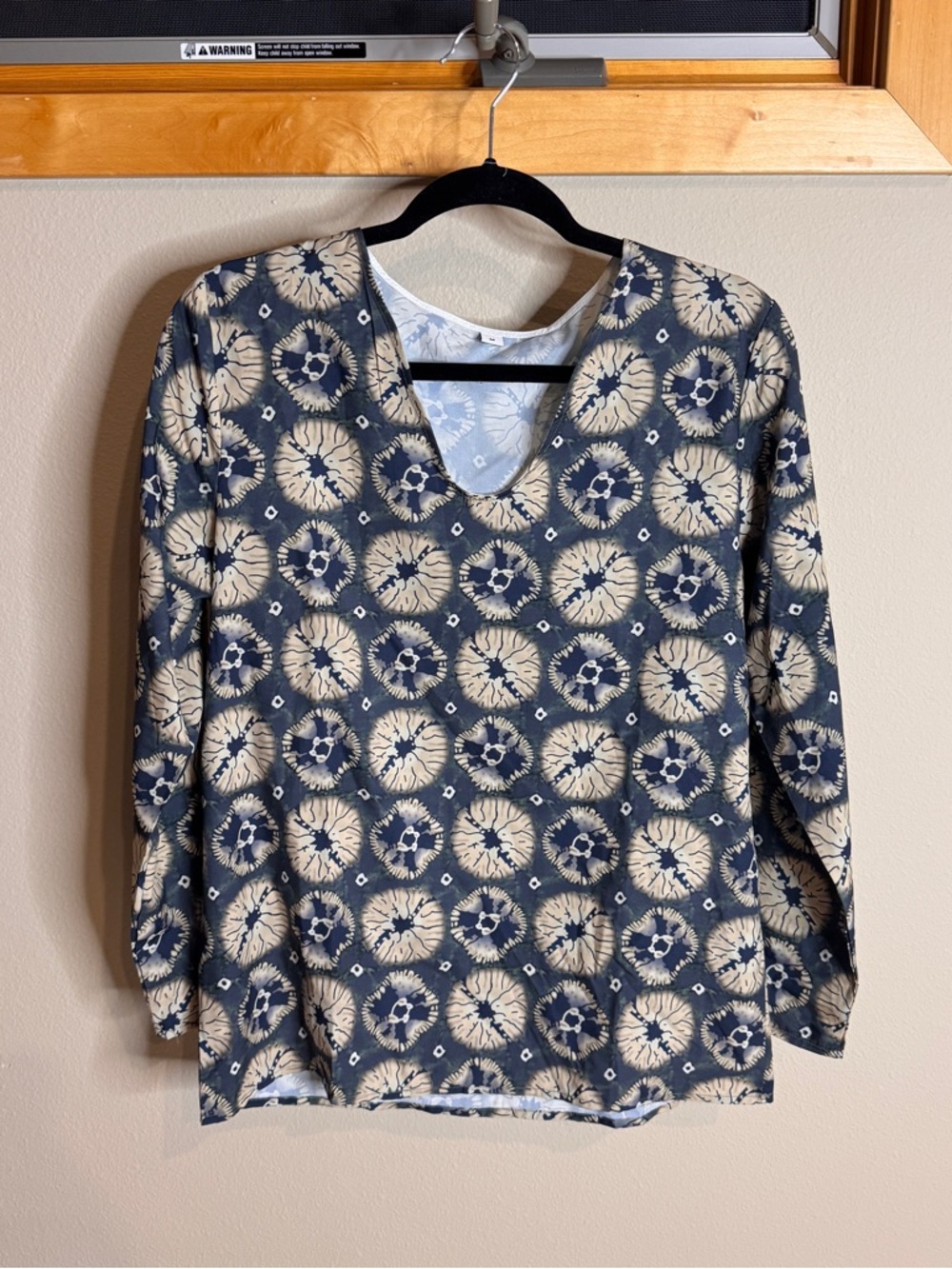 Navy and Cream Printed V-Neck Long Sleeve Top